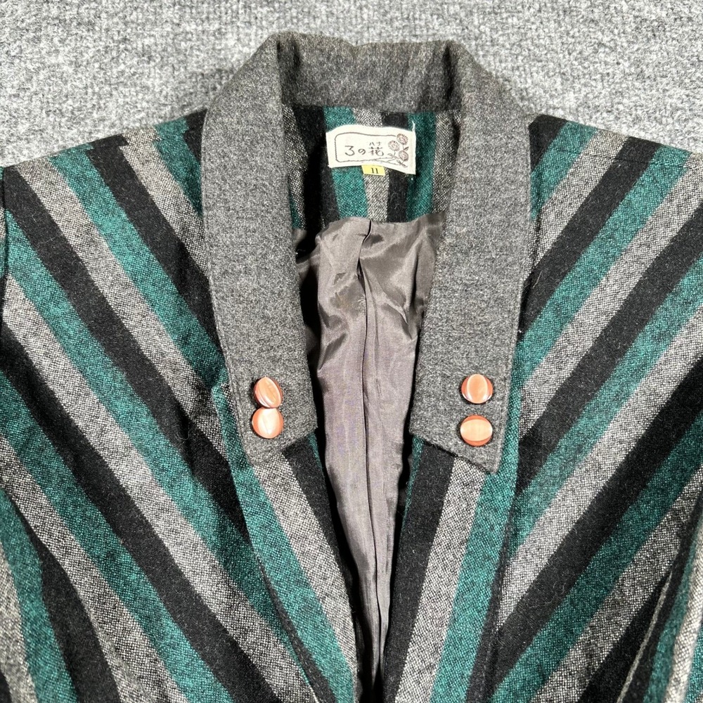 San no Hana Blazer Womens Size 11 Green Striped Wool Blend Vintage Button Up